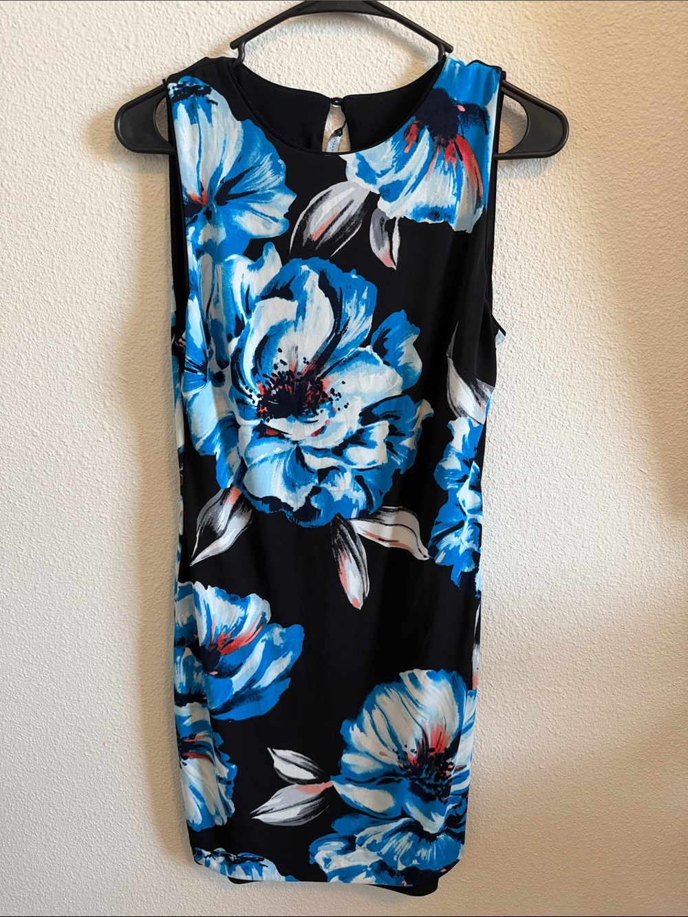 White House Black Market Black Sleeveless Dress with Blue Floral Print